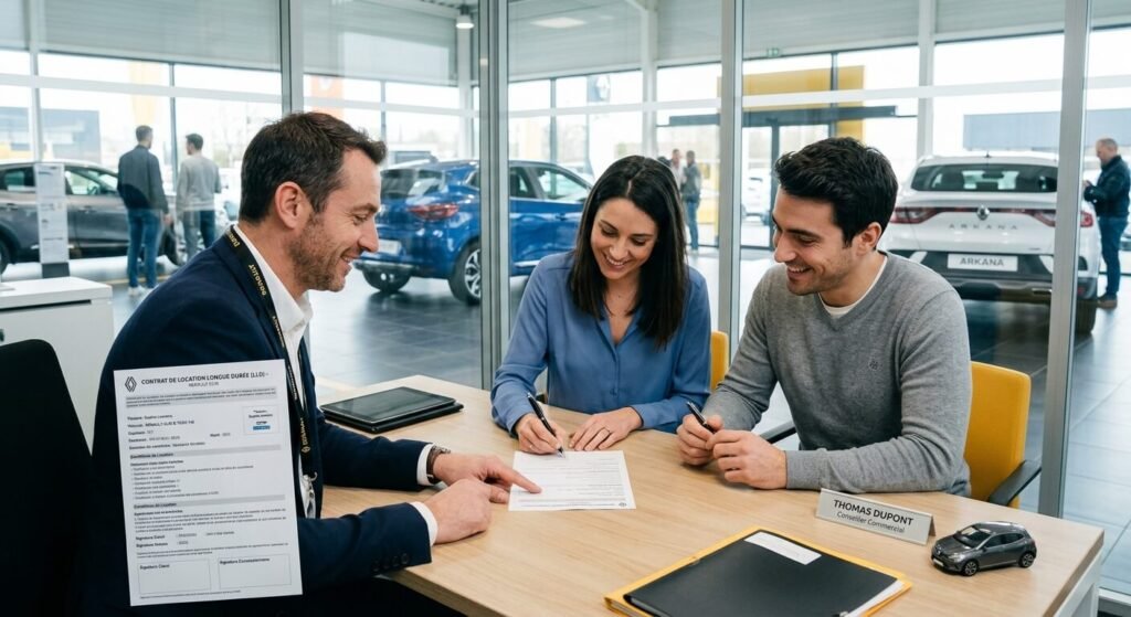 Signature d'un contrat de location longue durée (LLD) chez un concessionnaire automobile.
