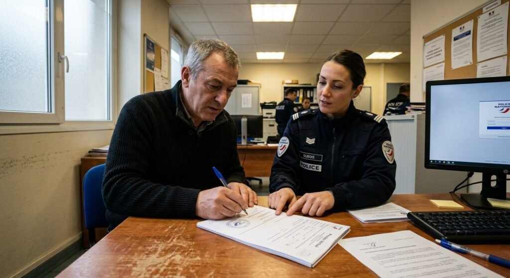PV de restitution d'un véhicule volé : à quoi ça sert, comment l'obtenir et ce qu'il faut faire ensuite 3 Signature d'un procès-verbal officiel au sein d'un commissariat de police nationale.