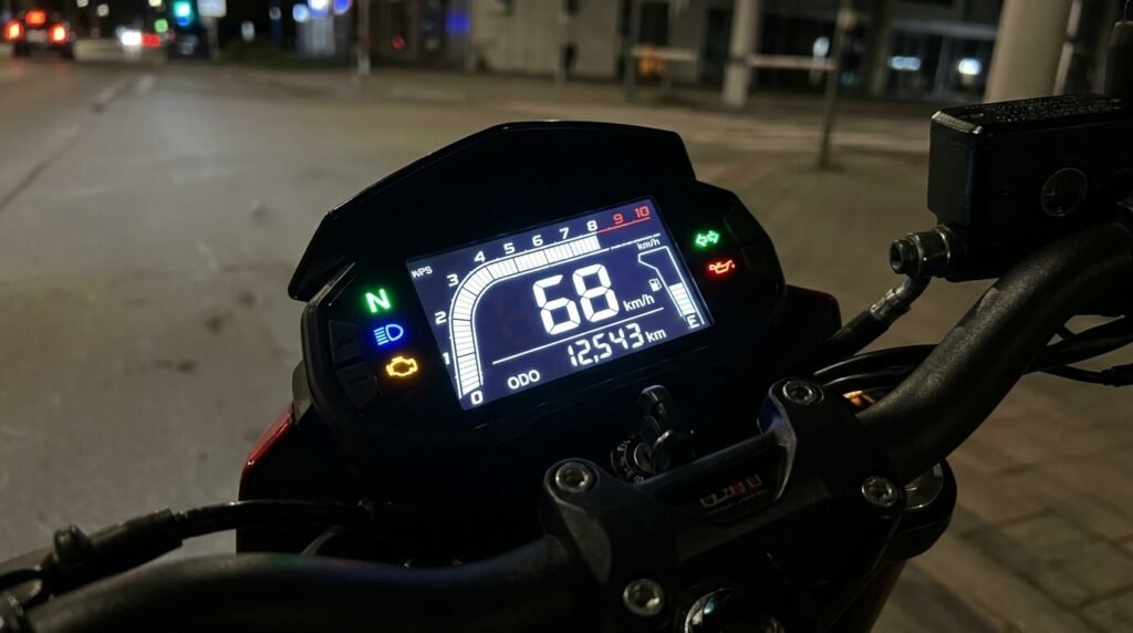 Compteur digital LCD allumé de la Benelli BN 125 affichant le kilométrage et les témoins de sécurité