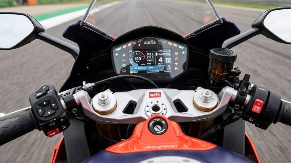 Aprilia RS 660 fiabilité : bilan honnête et retours 4 Écran TFT couleur et commandes électroniques de la sportive italienne.