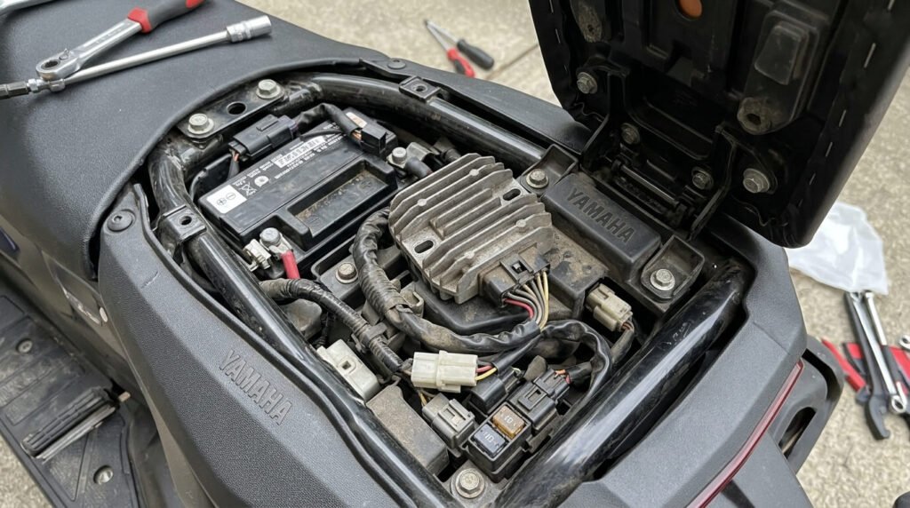 Gros plan sur le régulateur de tension électrique situé sous la selle d'une moto Yamaha