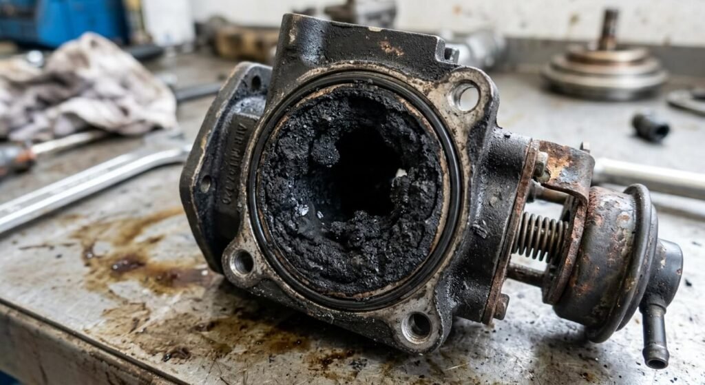 Gros plan sur une vanne EGR obstruée par de la calamine, cause fréquente de perte de puissance.