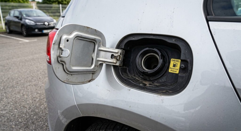 Rouler sans bouchon d'essence : quels sont les risques réels ? 2 Une trappe à carburant de voiture ouverte montrant l'absence de bouchon de réservoir.