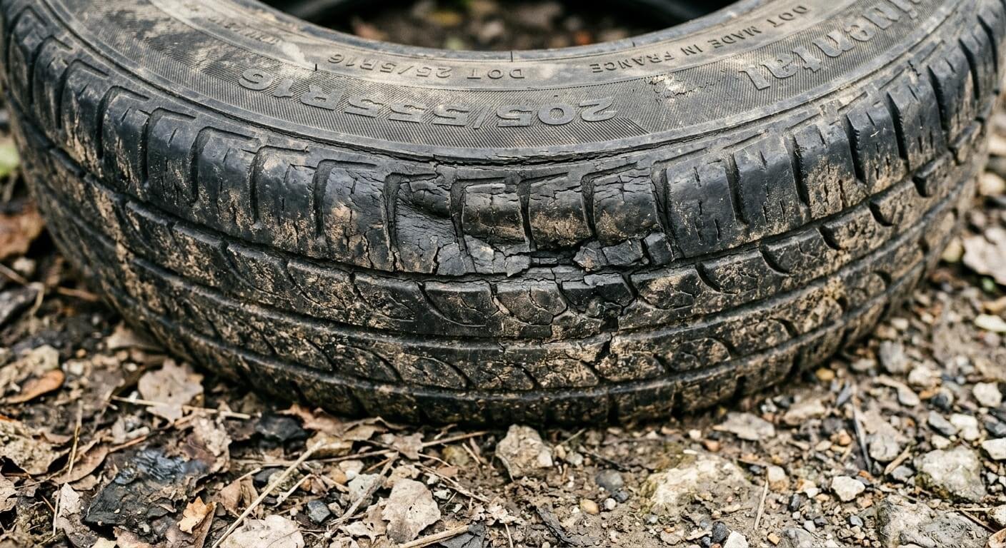 Gros plan sur la bande de roulement déformée d'un pneu resté immobilisé trop longtemps.