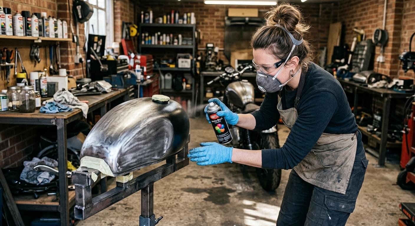 Une personne appliquant de la peinture en bombe aérosol sur le réservoir en métal d'une moto.