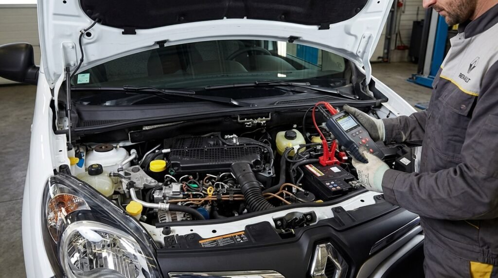 Renault Kangoo : le moteur tourne mais ne démarre pas 2 Le moteur d'un utilitaire Renault Kangoo avec le capot ouvert lors d'un contrôle de batterie.