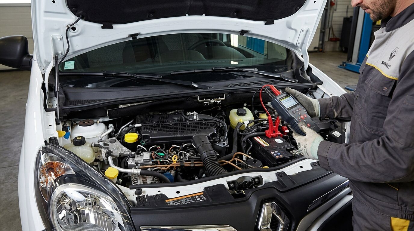 Le moteur d'un utilitaire Renault Kangoo avec le capot ouvert lors d'un contrôle de batterie.
