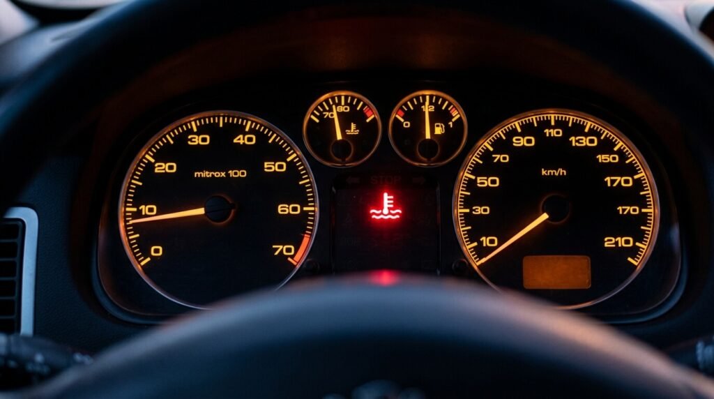 Le voyant rouge en forme de thermomètre plongeant dans des vagues allumé sur le cadran d'une Peugeot 307.