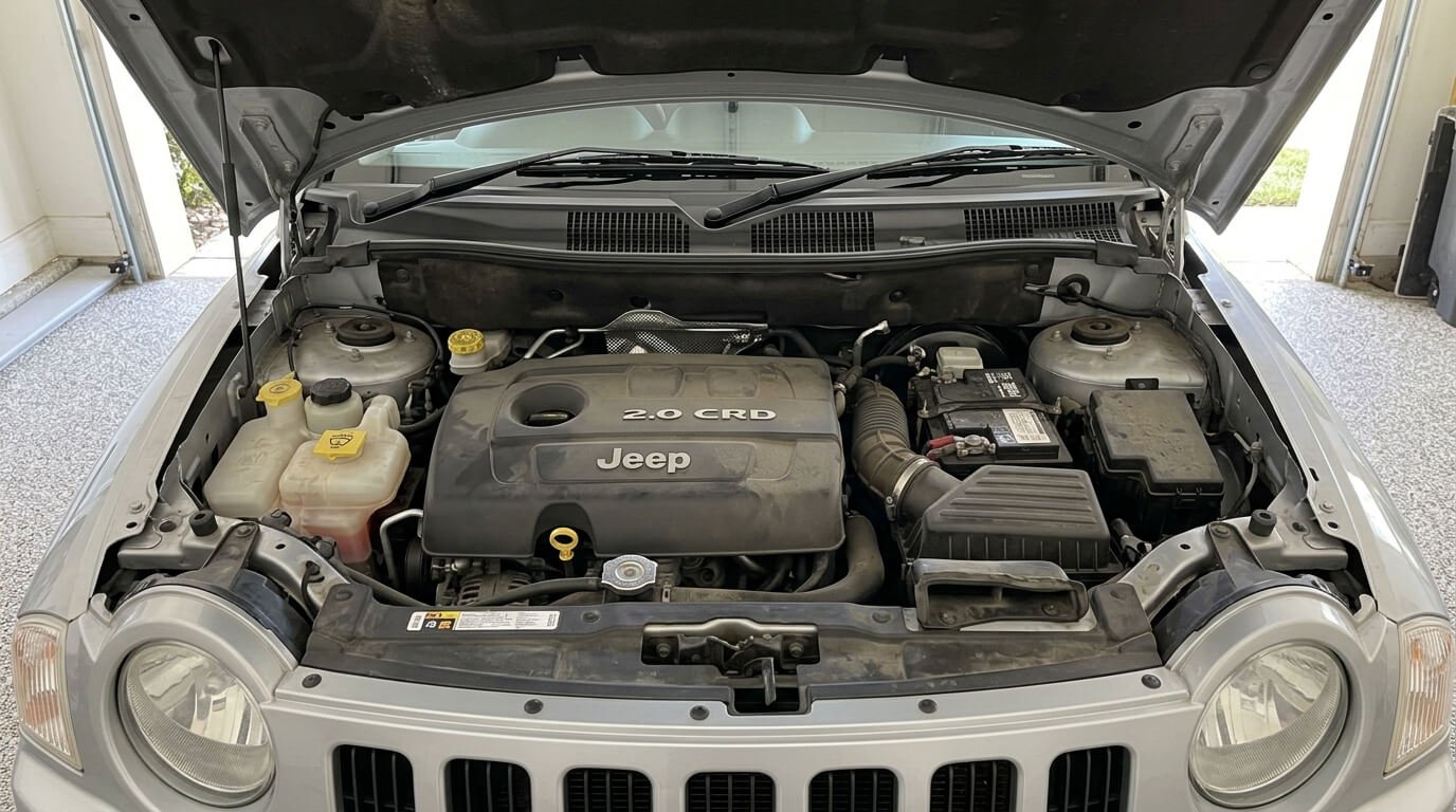 Le compartiment moteur d'un SUV Jeep Compass 2.0 CRD avec le capot ouvert.