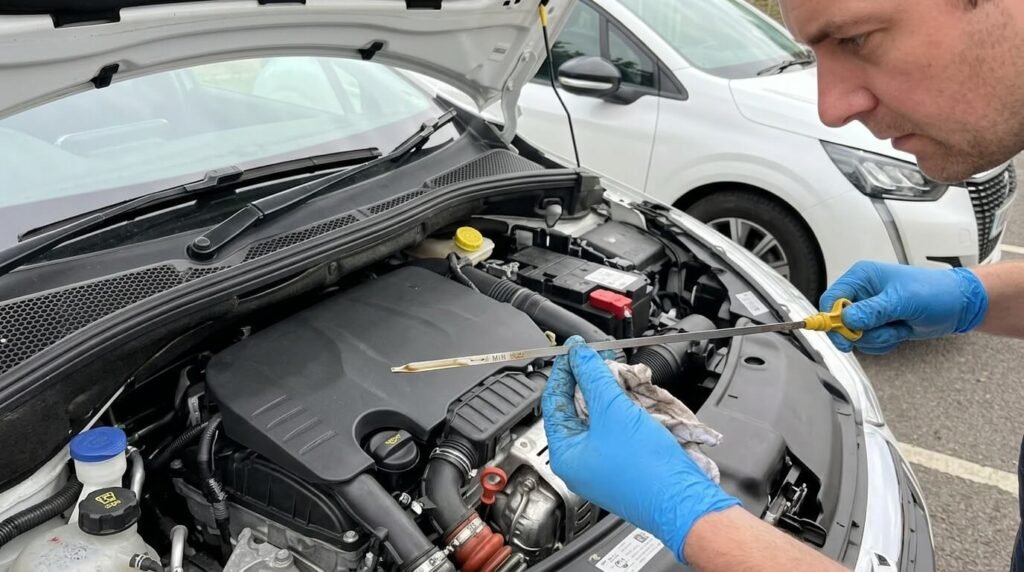 Surconsommation d'huile sur le 1.2 PureTech 82 : causes et solutions 2 Une personne vérifiant le niveau d'huile moteur sur la jauge métallique d'une Peugeot 208.