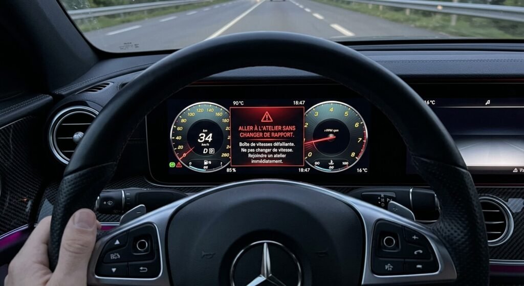 Message Mercedes "Aller à l'atelier sans changer de rapport" : que faire ? 2 Le tableau de bord d'une Mercedes affichant le message d'alerte rouge Aller à l'atelier sans changer de rapport.