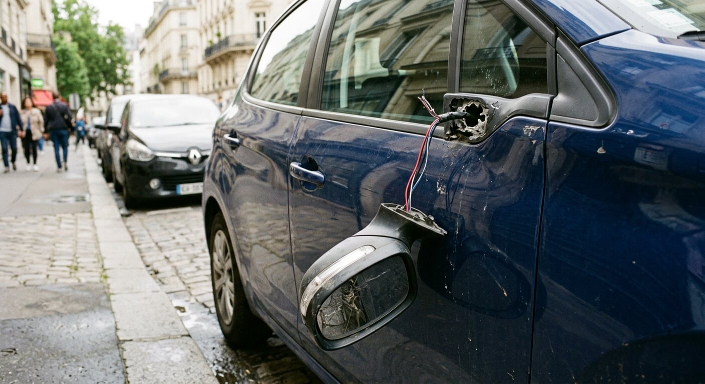 Un rétroviseur extérieur de voiture pendu par ses fils électriques sur le côté d'une portière.