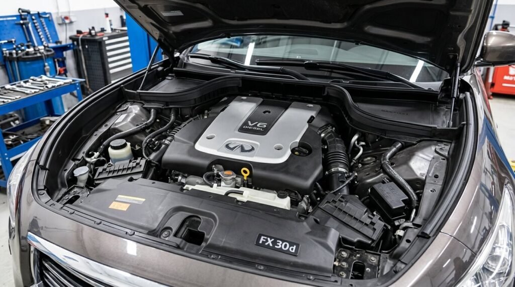 Le moteur V6 diesel d'un SUV de luxe Infiniti FX 30d sous le capot ouvert.