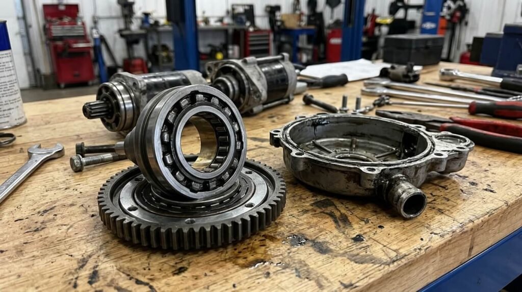 Roue libre de démarreur : rôle, pannes et remplacement 2 Une roue libre de démarreur mécanique démontée sur un établi de garage à côté du carter.