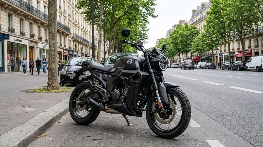 Une moto Zontes 125 Scrambler noire stationnée le long d'une avenue en ville.