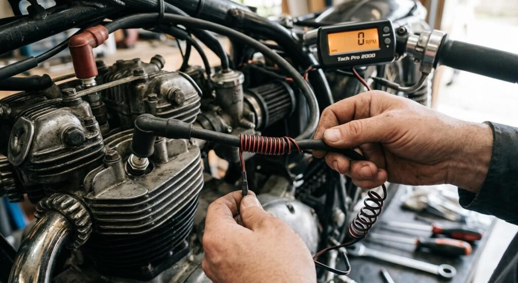 Enroulement du fil de signal d'un compte-tour numérique autour du câble de bougie d'une moto.