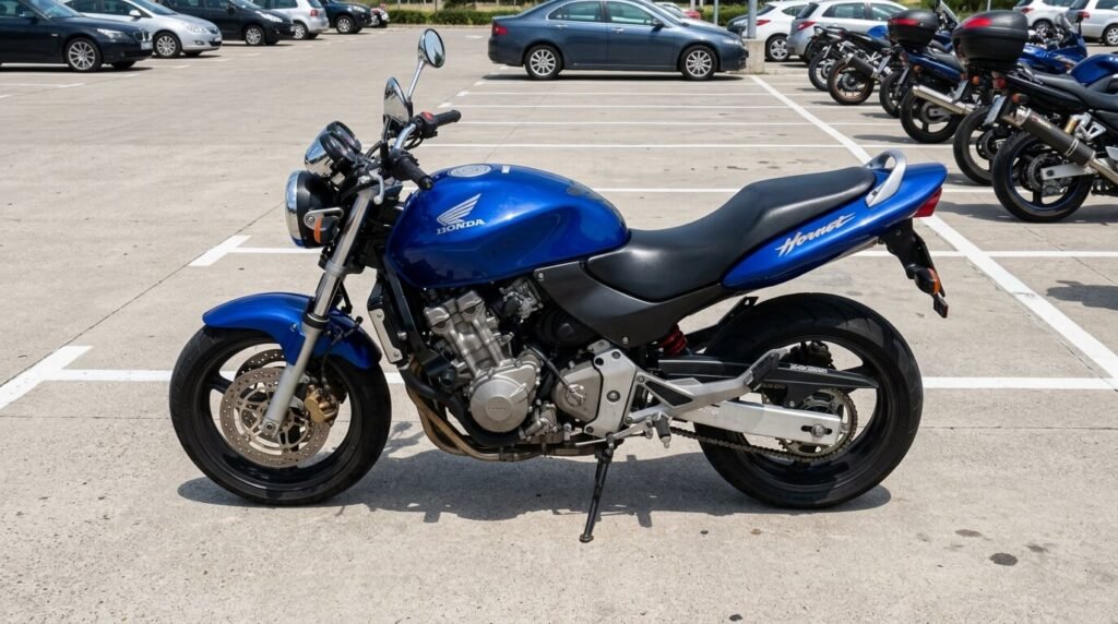 Une moto Honda Hornet 600 avec son moteur quatre cylindres apparent garée sur un parking.
