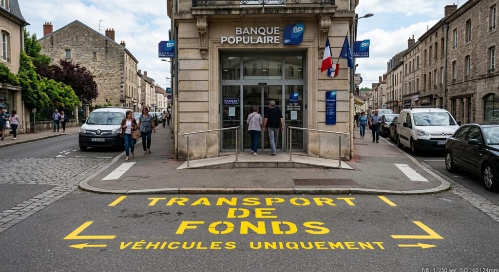 Peut-on se garer sur une place de transport de fonds la nuit ? 2 Un marquage au sol jaune avec l'inscription "Transport de fonds" devant l'entrée d'une banque.
