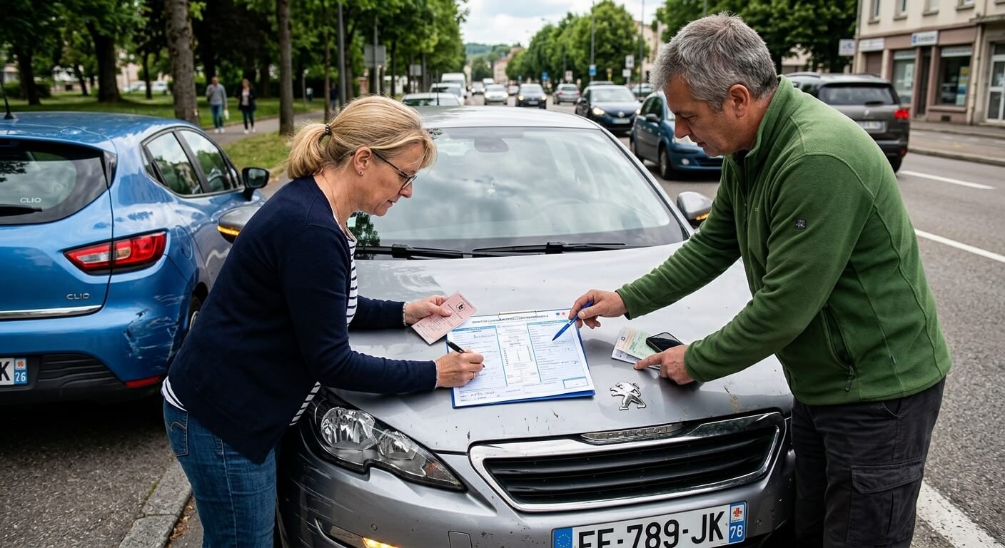 Deux automobilistes remplissant un constat amiable en papier sur le capot d'une voiture après un accrochage.