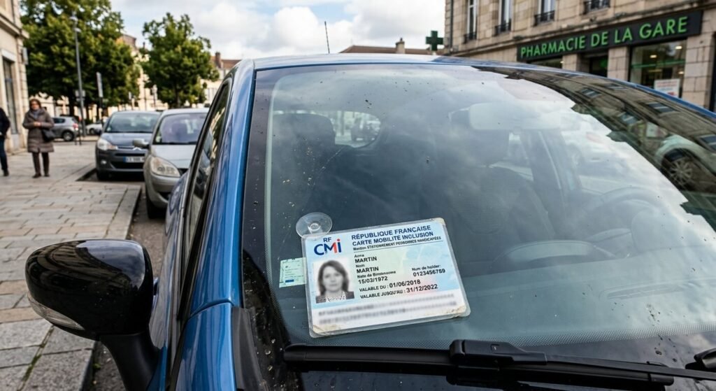 Une carte mobilité inclusion mention stationnement posée sur un pare-brise de voiture avec une date de validité dépassée.