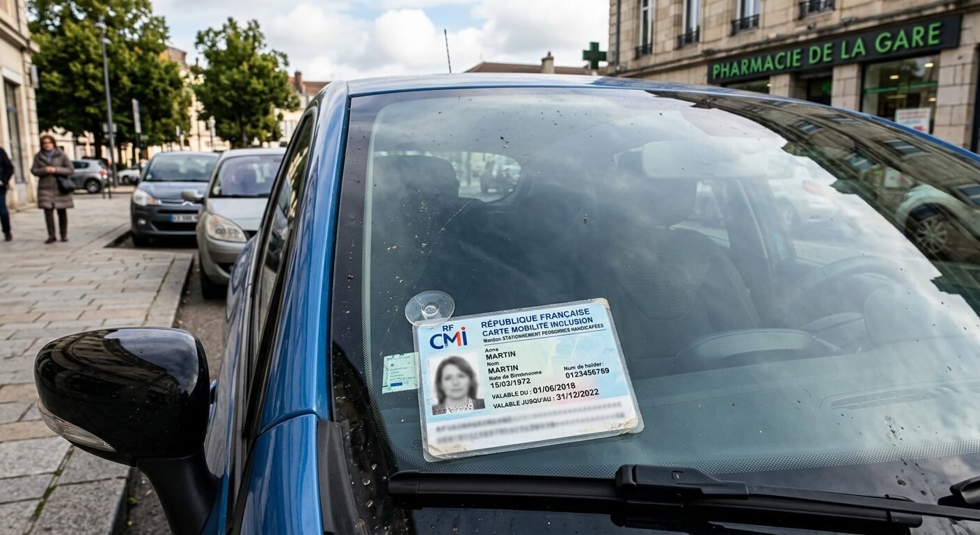 Une carte mobilité inclusion mention stationnement posée sur un pare-brise de voiture avec une date de validité dépassée.
