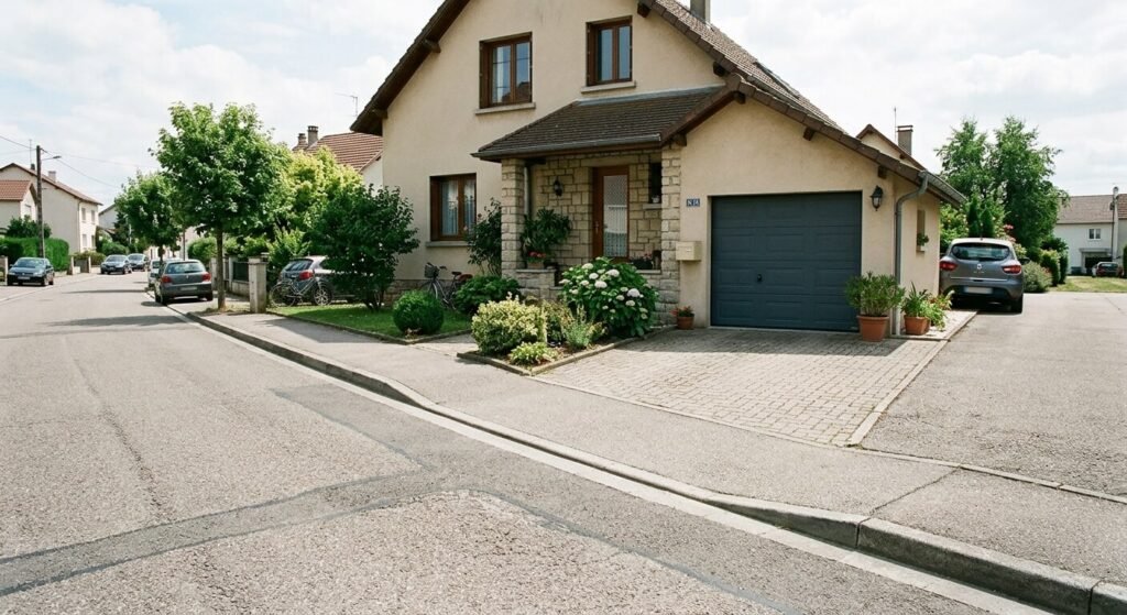 Une bordure de trottoir abaissée en pente devant l'entrée de garage d'une maison individuelle.