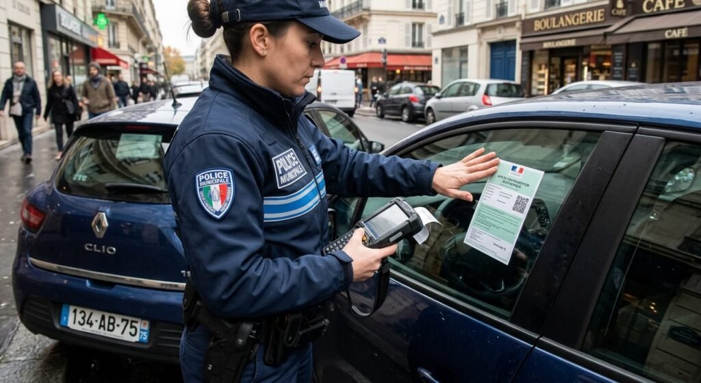Un agent de la police municipale déposant un avis de contravention électronique sur une vitre de voiture.