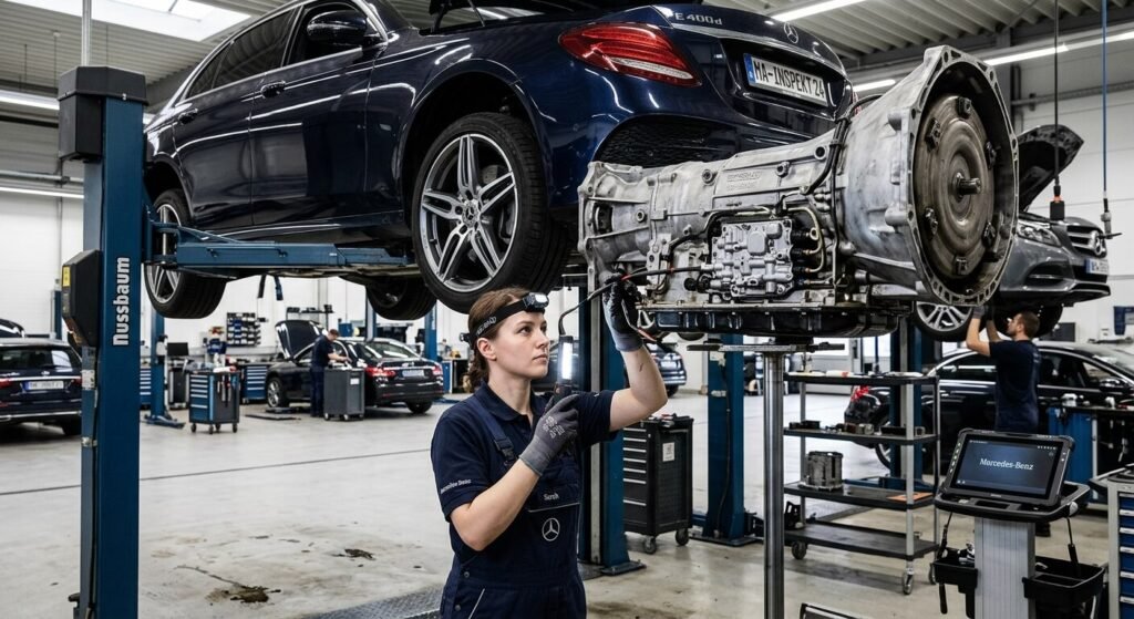 Message Mercedes "Aller à l'atelier sans changer de rapport" : que faire ? 3 Inspection de la boîte de vitesses automatique d'une Mercedes sur un pont élévateur en atelier.