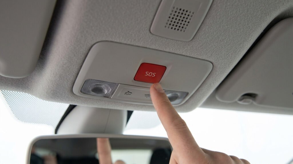 Message "Appel SOS à contrôler" sur Dacia Sandero : que faire ? 2 Le bouton rouge d'appel d'urgence SOS situé au niveau du plafonnier d'une Dacia Sandero.