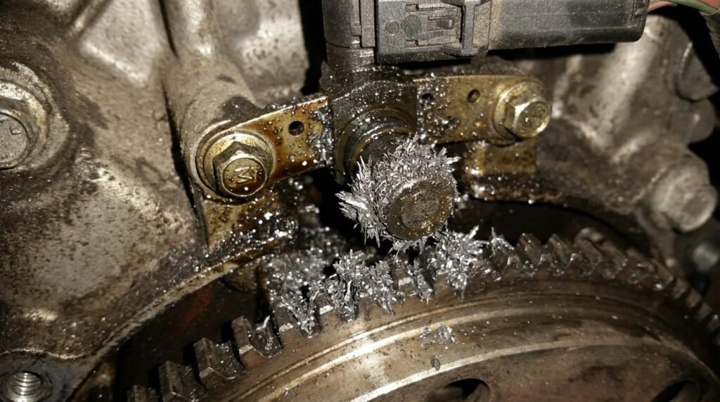 Renault Kangoo : le moteur tourne mais ne démarre pas 3 Gros plan sur un capteur PMH de position moteur encrassé par de la limaille de fer.