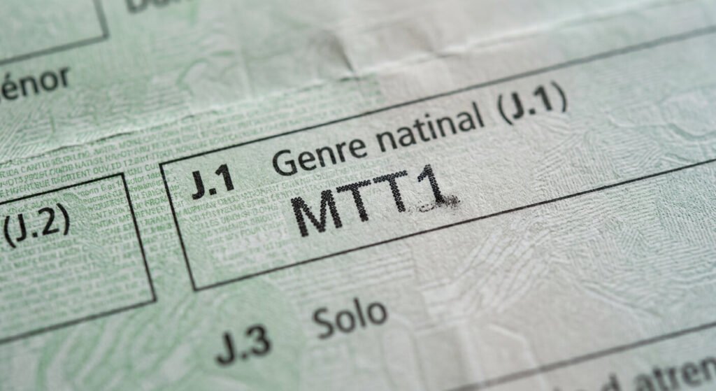 Gros plan sur la mention MTT1 du champ J.1 d'un certificat d'immatriculation de moto.