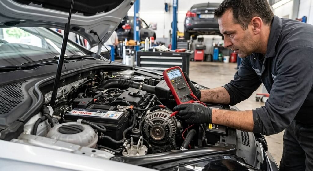 Mesure de la tension électrique d'un alternateur de voiture à l'aide d'un multimètre.