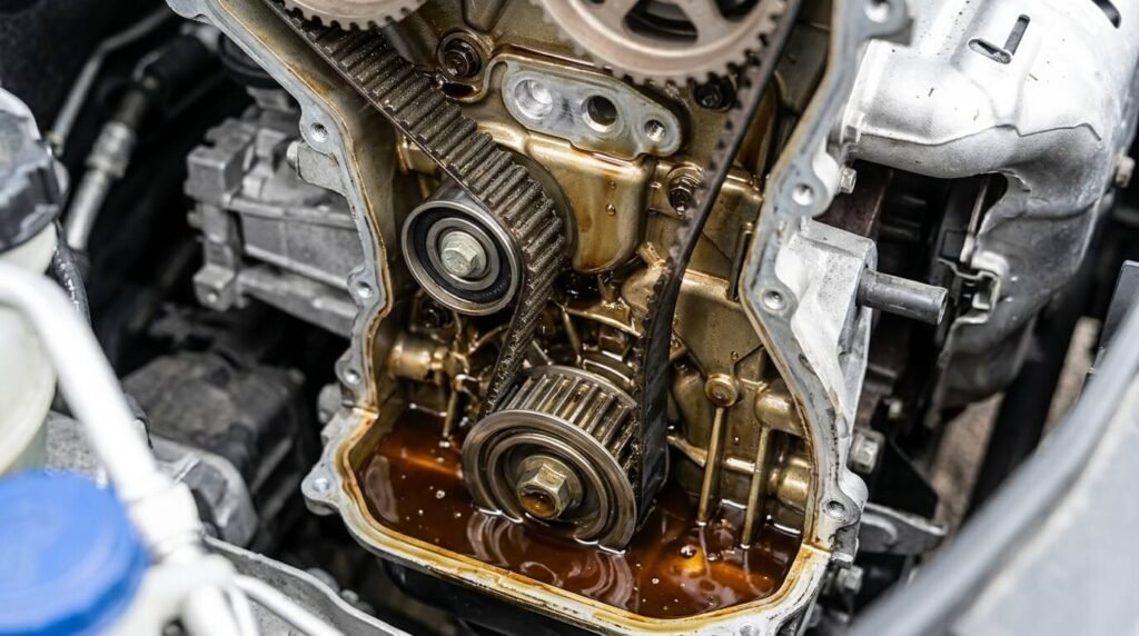 Surconsommation d'huile sur le 1.2 PureTech 82 : causes et solutions 3 Vue de la courroie de distribution immergée dans l'huile d'un moteur 1.2 PureTech.