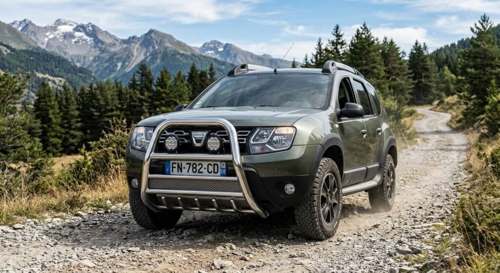 Un Dacia Duster équipé d'un pare-buffle en acier chromé installé à l'avant du pare-chocs.