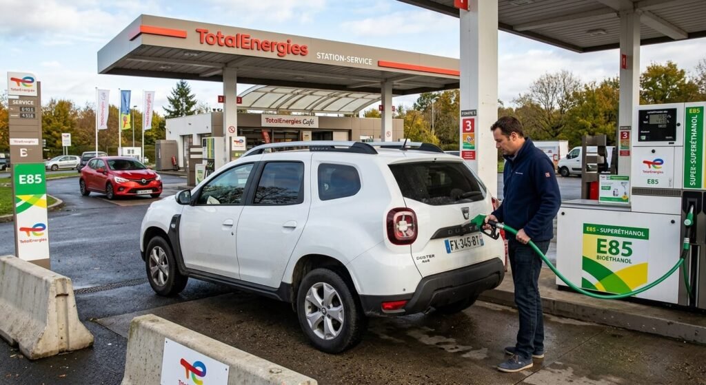 Un Dacia Duster en train de faire le plein de carburant bioéthanol E85 dans une station-service.