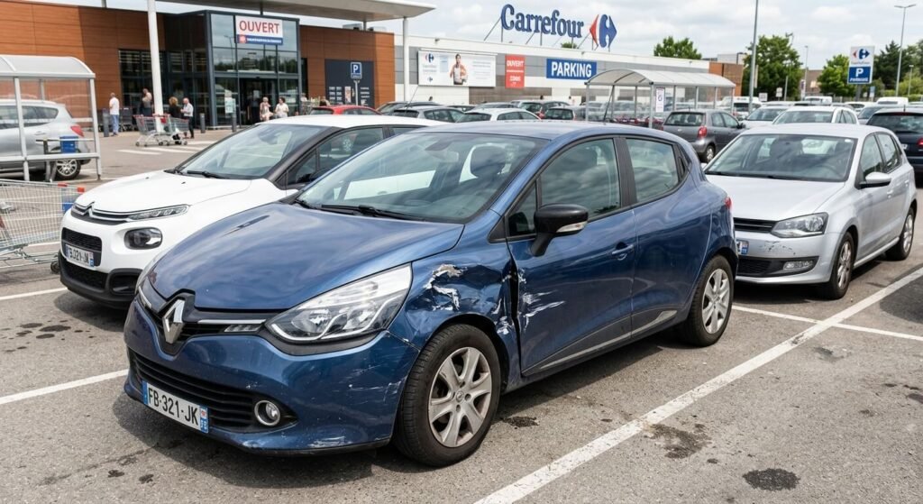 Une voiture présentant une aile enfoncée suite à une collision sur un parking de supermarché.