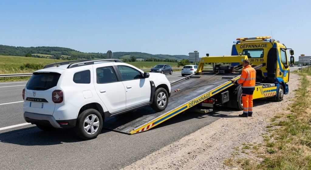 Un Dacia Duster en cours de chargement sur le camion d'une dépanneuse sur le bas-côté de la route.