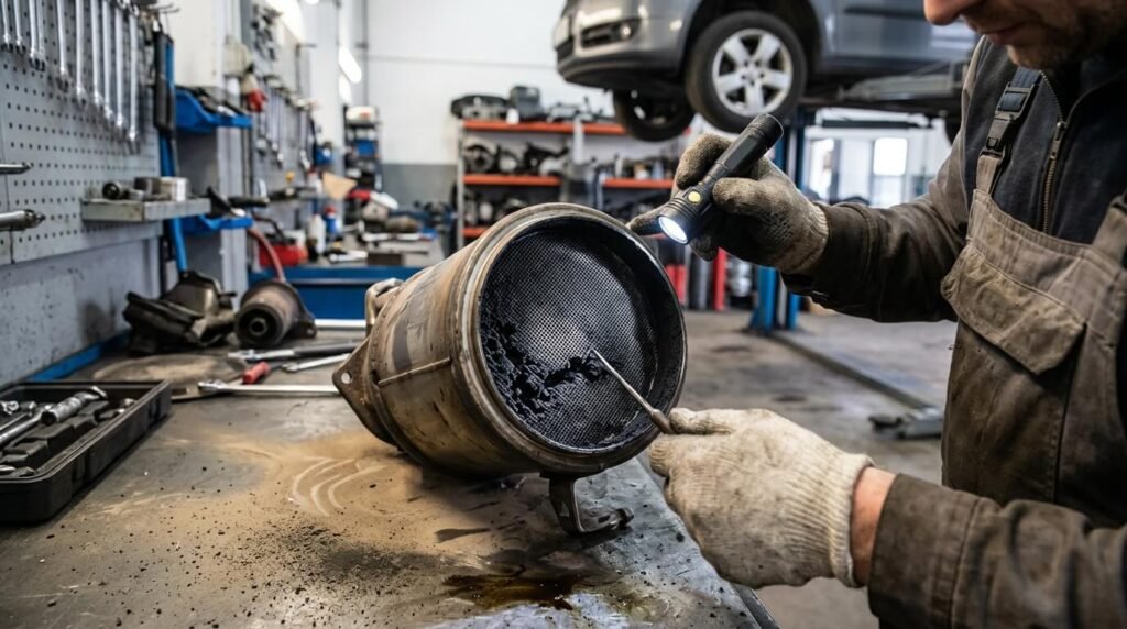Inspection visuelle des cellules encrassées d'un filtre à particules diesel en atelier.