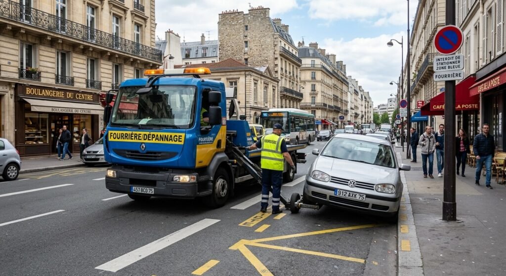 Peut-on se garer sur une place de transport de fonds la nuit ? 3 Une dépanneuse de la fourrière en train d'enlever un véhicule léger stationné sur une zone interdite en ville.