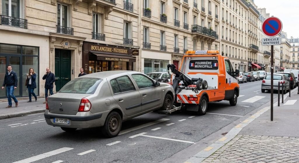 Une dépanneuse de la fourrière municipale en train d'enlever une voiture ventouse sur la voie publique.
