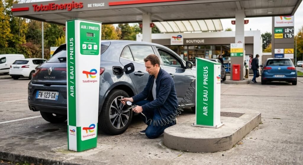 Un automobiliste ajustant la pression de ses pneus à l'aide d'un gonfleur dans une station-service.