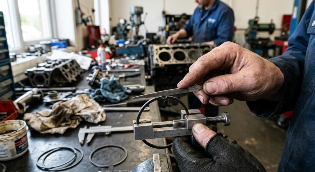 Jeu à la coupe des segments de piston : comment le mesurer et le régler ? 4 Une main utilisant une petite lime de précision pour ajuster le jeu à la coupe d'un segment de moteur.