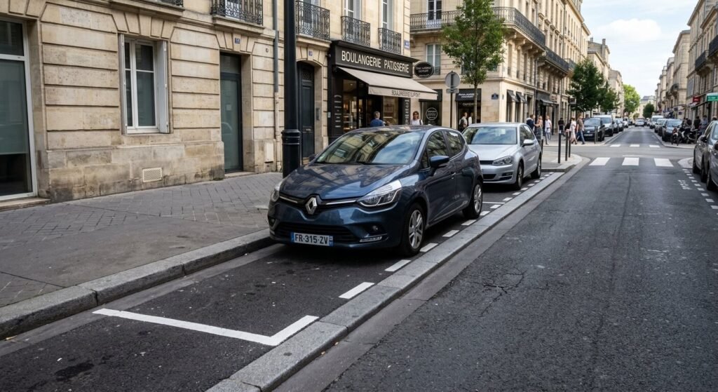 Une voiture garée le long d'une bordure de trottoir peinte de lignes blanches délimitant les places.