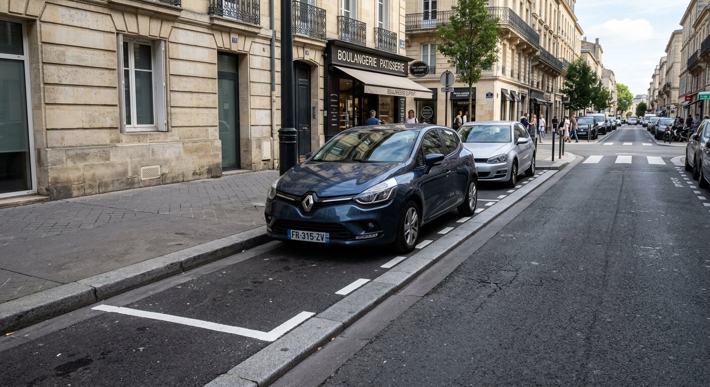 Une voiture garée le long d'une bordure de trottoir peinte de lignes blanches délimitant les places.