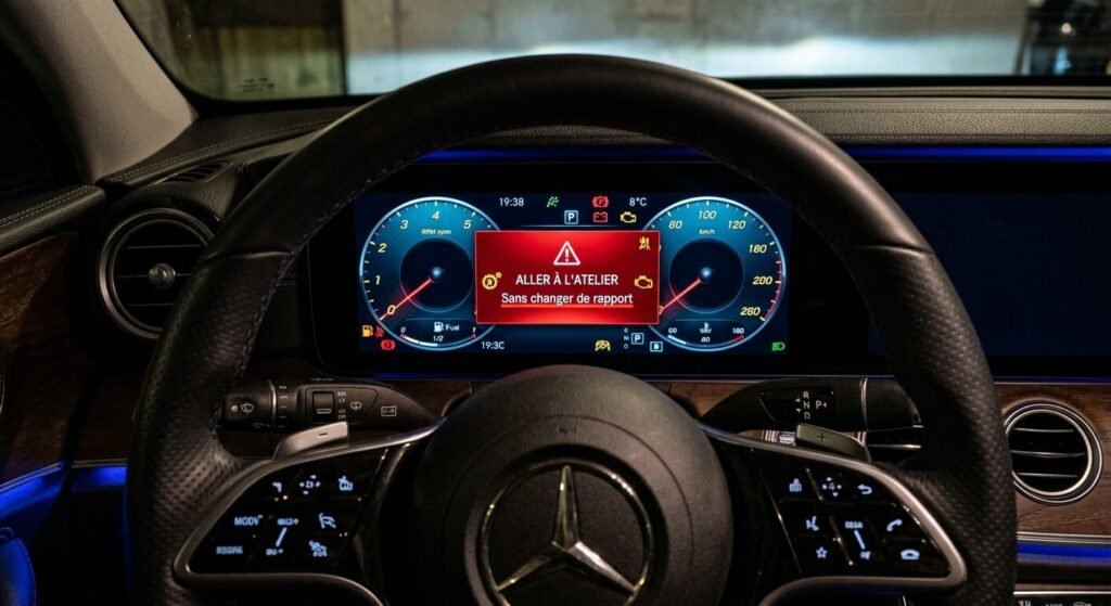 Message Mercedes "Aller à l'atelier sans changer de rapport" : que faire ? 4 Le tableau de bord d'une Mercedes affichant le message d'alerte rouge Aller à l'atelier sans changer de rapport.