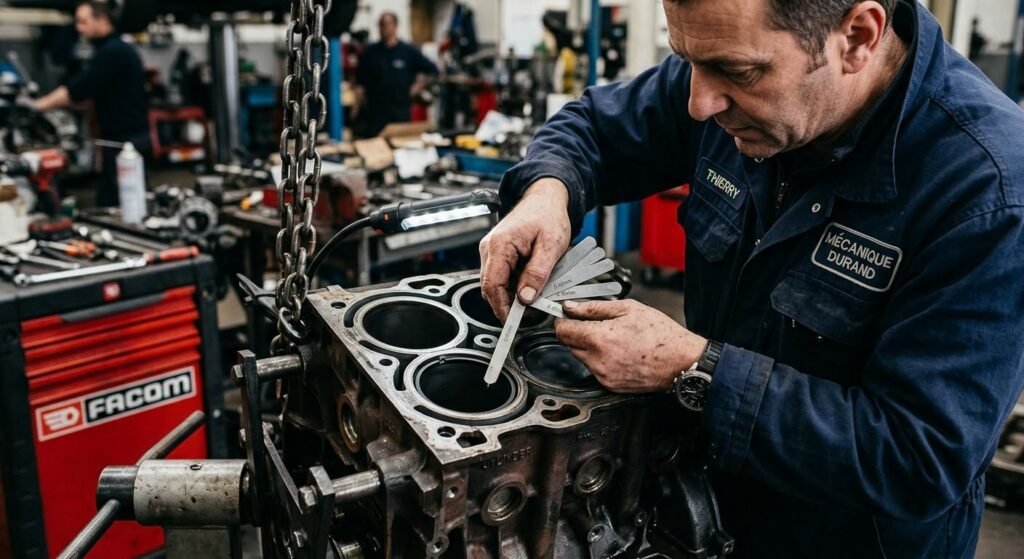 Jeu à la coupe des segments de piston : comment le mesurer et le régler ? 2 Un mécanicien insérant une cale d'épaisseur entre les deux extrémités d'un segment de piston placé dans un cylindre.