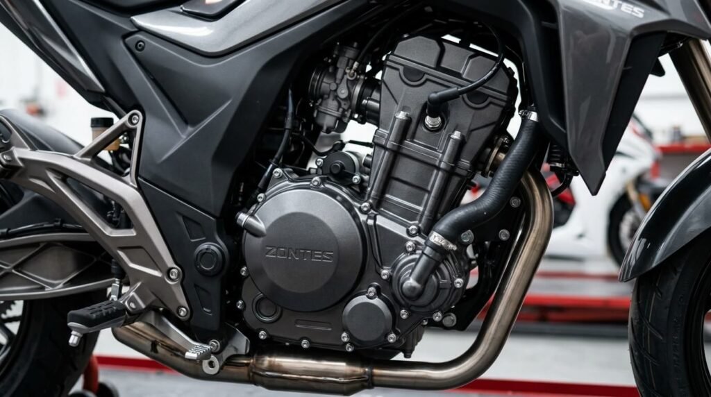 Gros plan sur le bloc moteur monocylindre moderne d'une moto de la marque Zontes.