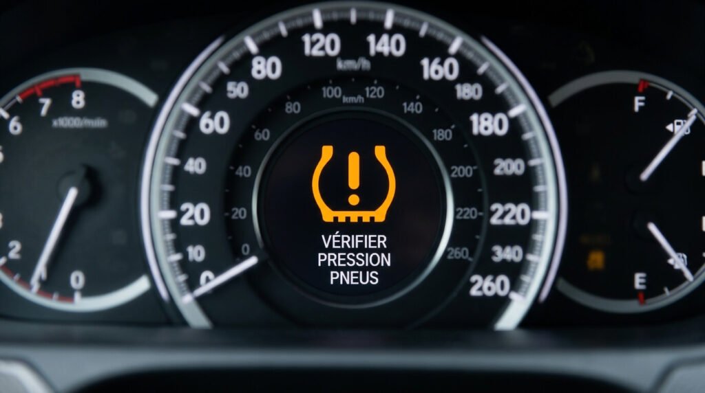 Comment réinitialiser le voyant de pression des pneus sur une Dacia ? 3 Le symbole orange de pneu dégonflé allumé sur l'écran d'un tableau de bord de voiture.