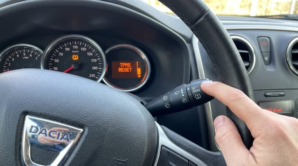 Comment réinitialiser le voyant de pression des pneus sur une Dacia ? 2 Une main appuyant sur le bouton du commodo d'une Dacia pour remettre à zéro le système TPMS.