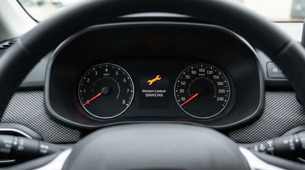 Message "Appel SOS à contrôler" sur Dacia Sandero : que faire ? 3 L'écran numérique d'une Dacia Sandero affichant le voyant de la clé orange d'entretien.